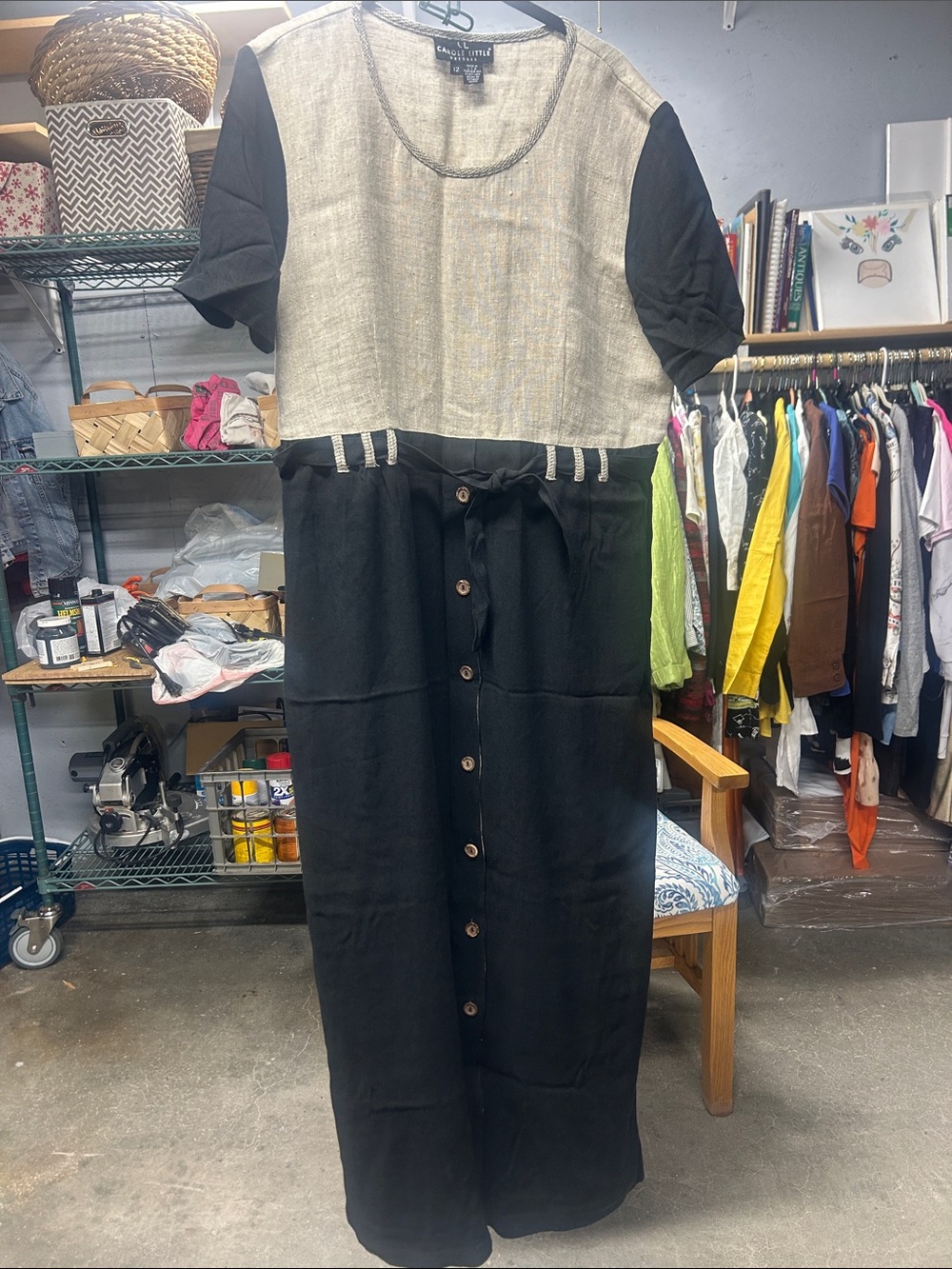 Carole Little Casual Two-Tone Black and Natural Linen Midi Dress
